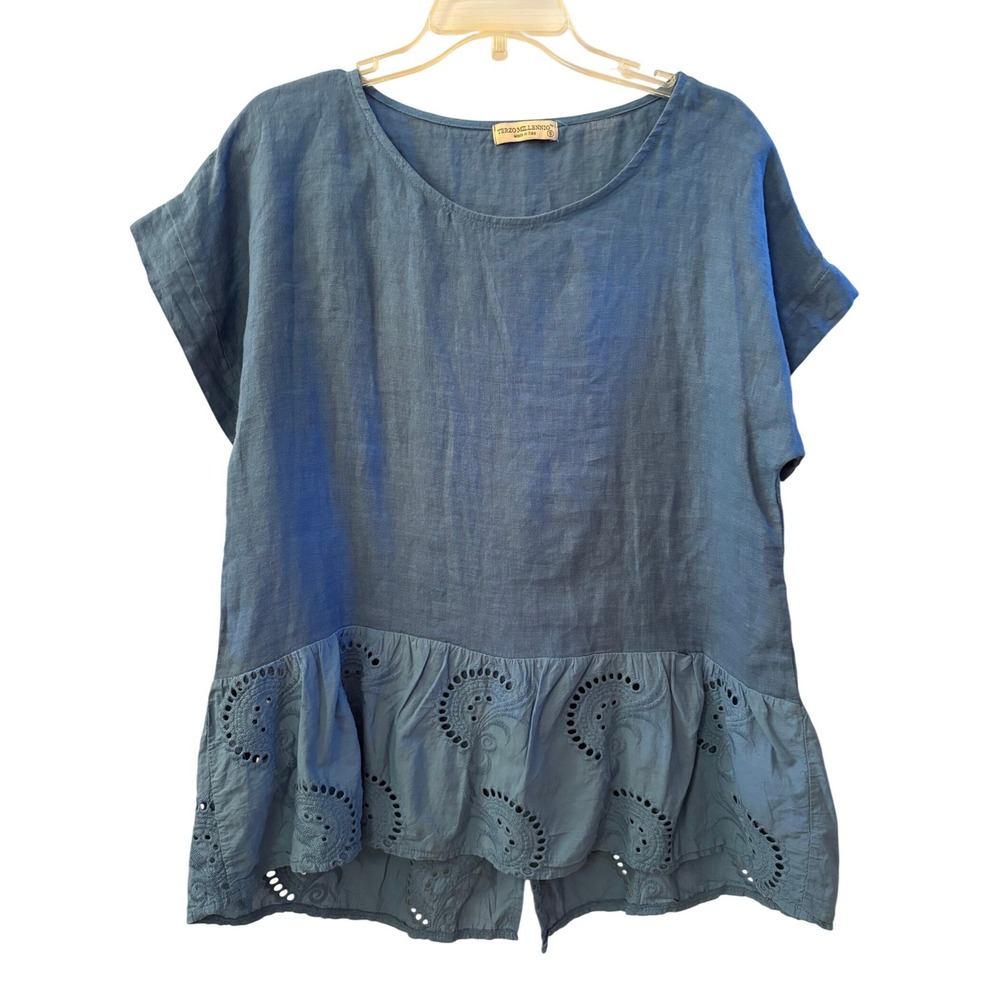 Terzo Millennio Italy Blue Linen Eyelet Ruffle Hem Lagenlook Small